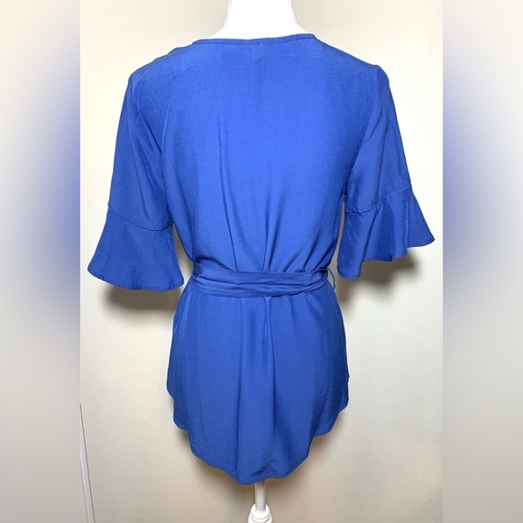 La’ Ven Belted Flutter Sleeve V Neck Top Blouse Blue Women Small - Picture 2 of 5
